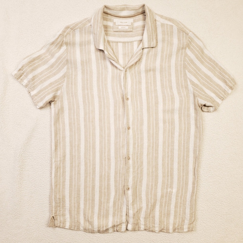 Porter and Ash Button Up Shirt Men Large Tan Striped Linen‎ Blend Camp Collar